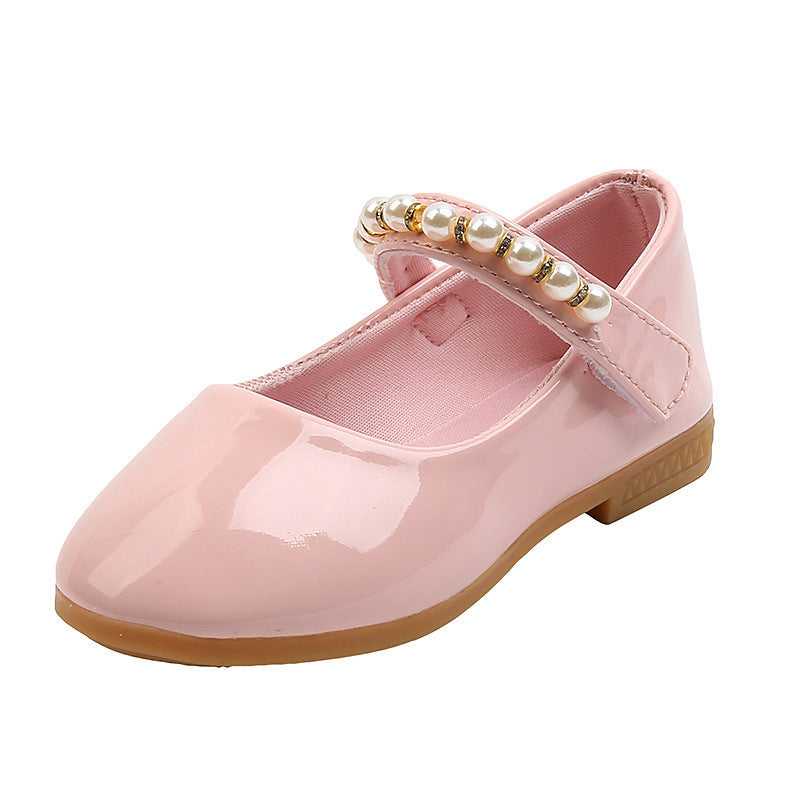 Girls' Leather Shoes Pearl Buckle Soft Bottom
